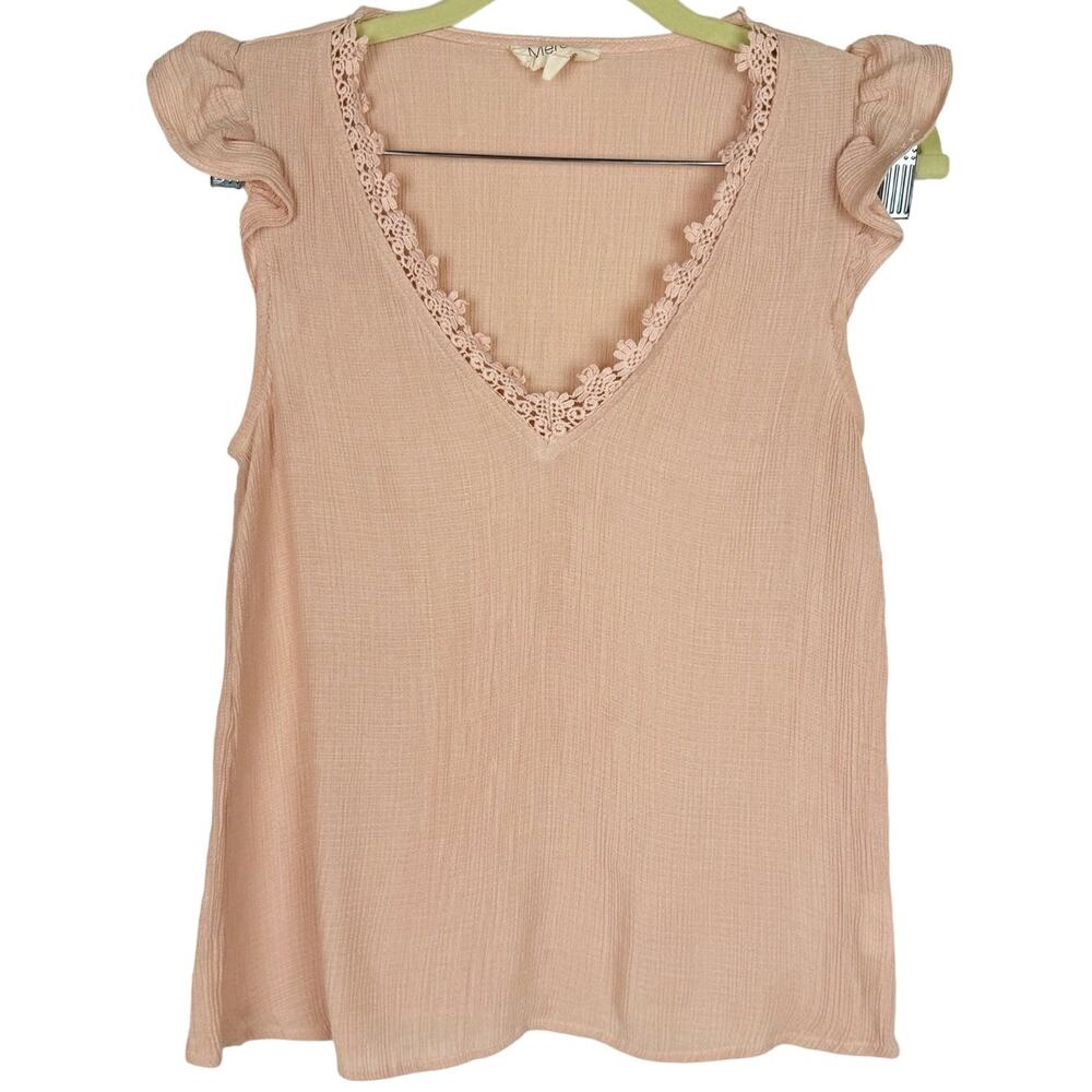 Meraki Dusty Pink Textured Crepe Lace Ruffled Short Sleeve Top Medium Coquette